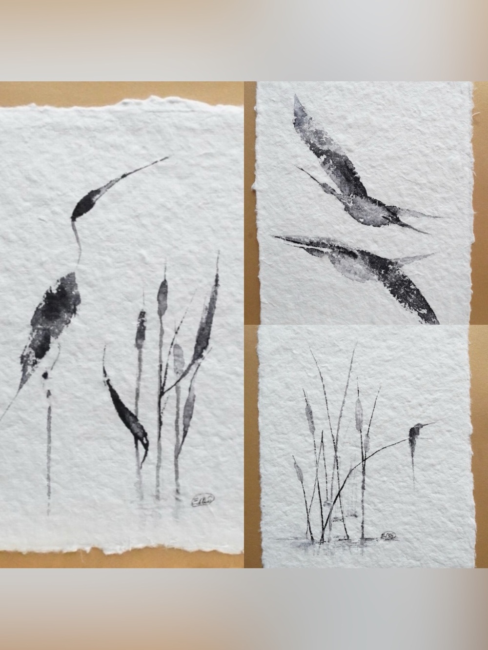 Monochrome asian inspired bird and reed watercolor paintings SET OF 3